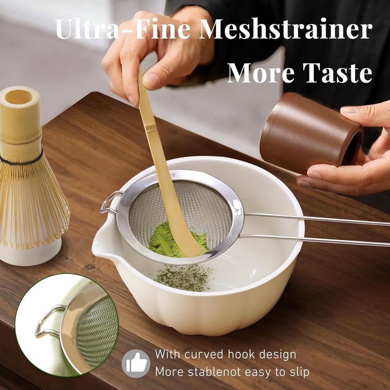 Renmxj Matcha Whisk Set,7 PCS Ceramic Matcha Kit Includes Matcha Bowl with Spout, Matcha Whisk and Holder, Bamboo Scoop, Stainless Sifter, Tea Towel, Unique Gift for Matcha Lovers (White) - Image 3