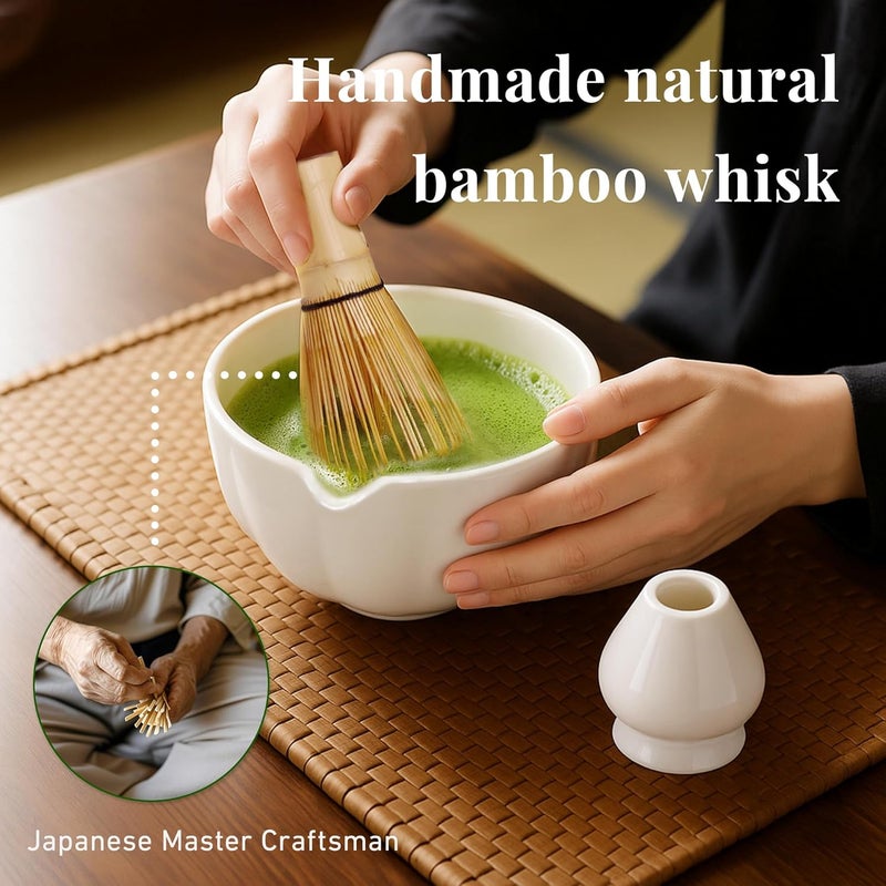 Renmxj Matcha Whisk Set,7 PCS Ceramic Matcha Kit Includes Matcha Bowl with Spout, Matcha Whisk and Holder, Bamboo Scoop, Stainless Sifter, Tea Towel, Unique Gift for Matcha Lovers (White) - Image 4