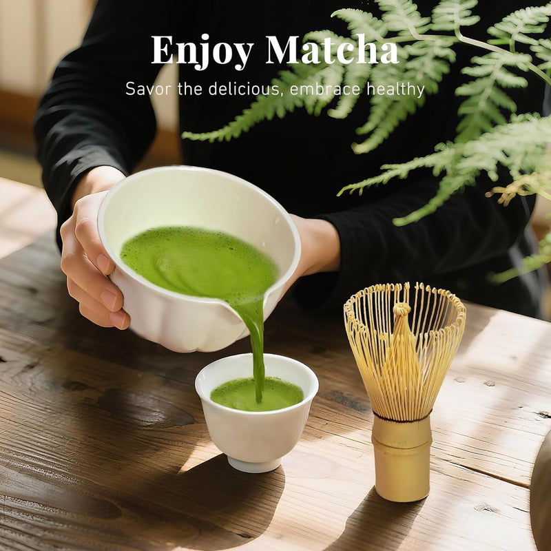 Renmxj Matcha Whisk Set,7 PCS Ceramic Matcha Kit Includes Matcha Bowl with Spout, Matcha Whisk and Holder, Bamboo Scoop, Stainless Sifter, Tea Towel, Unique Gift for Matcha Lovers (White) - Image 5