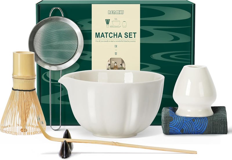 Renmxj Matcha Whisk Set,7 PCS Ceramic Matcha Kit Includes Matcha Bowl with Spout, Matcha Whisk and Holder, Bamboo Scoop, Stainless Sifter, Tea Towel, Unique Gift for Matcha Lovers (White) - Image 1