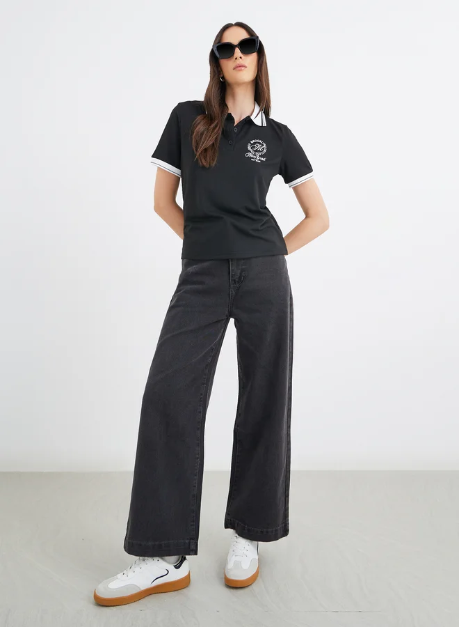 Styli Styli Women Black Embroidered Polo T-Shirt