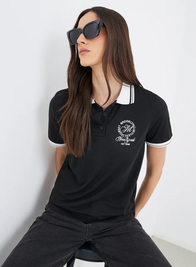 Styli Styli Women Black Embroidered Polo T-Shirt