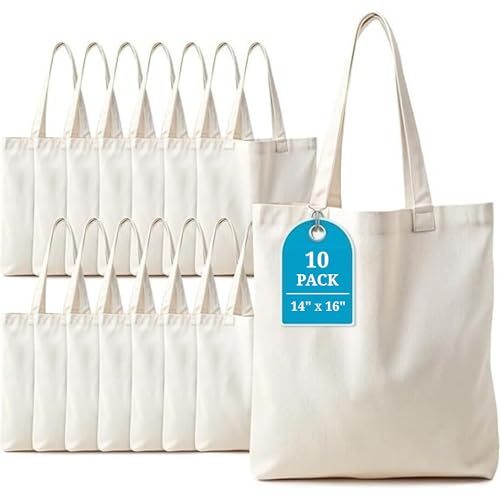 Ecocarry 14x16 Inch Plain Canvas Tote Bag (Pack of 10) | 100% Organic Reusable 150 GSM Cotton Handbag for Shopping, Daily Use, Travel, Grocery, Gifting, Craft DIY, Painting, School, Office and Storage - Image 1