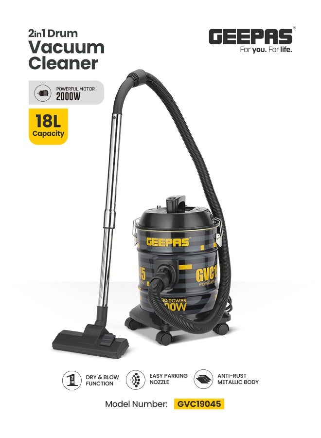 GEEPAS Drum Vacuum Cleaner With Powerful Suction, Dry & Blow Function, Full Indicator/Perfect For Home, Office, Apartments 18 L 2000 W GVC19045 Black/Yellow