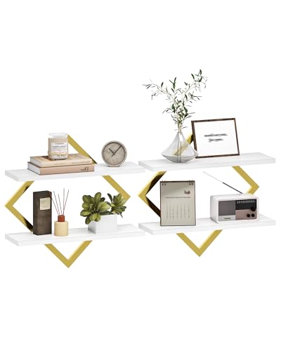 CHOEZON Floating Shelves for Wall Set of 2 Wall Mounted Shelves 2Tier Hanging Shelves for Living Room Bedroom Kitchen Office Study Gold and White TBJ01P2JW