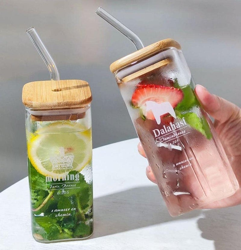 RAHAS Transparent Squre Glass Sipper Tumbler Mug for Kids Milk Fruit Juice with Glass Straw and Airtight Wooden Lid 320ml Pack of 1 - Image 1