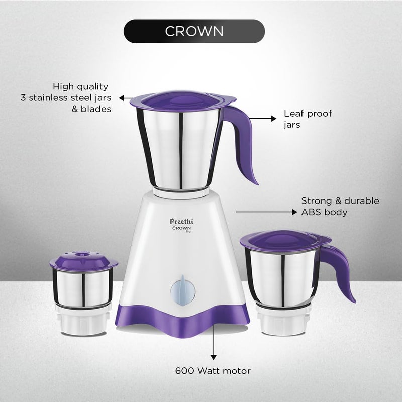 بريثي Preethi Crown Pro Mixer Grinder for Kitchen |600 Watt Mixie, 3 Jars| 5yr Motor Warranty & Lifelong Free Service | White/Purple, (MG-254) 1.2 L 600 W MG-254 White/Purple (3 jar) - Image 3