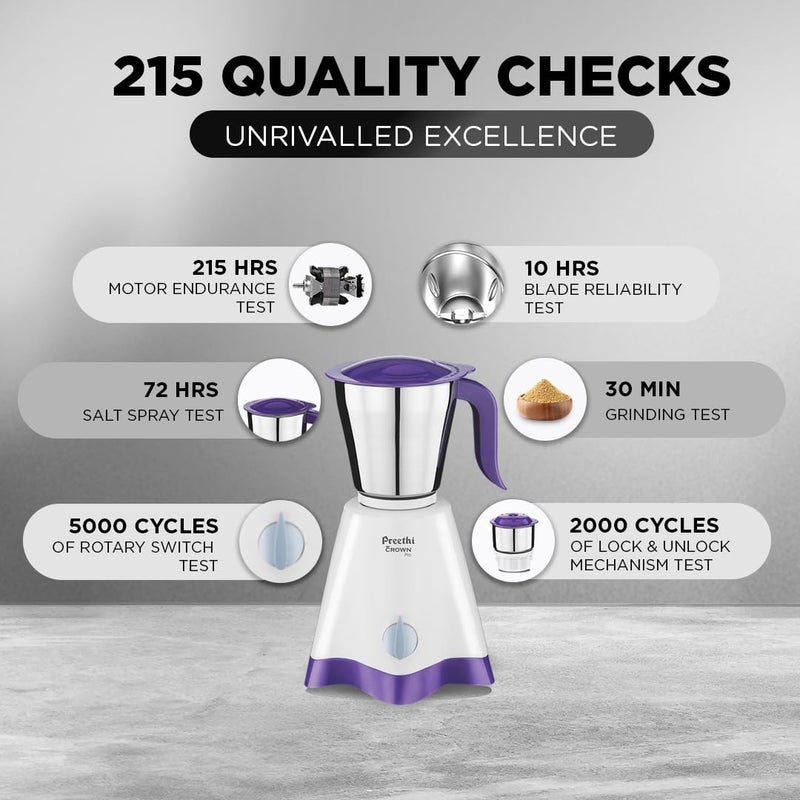 بريثي Preethi Crown Pro Mixer Grinder for Kitchen |600 Watt Mixie, 3 Jars| 5yr Motor Warranty & Lifelong Free Service | White/Purple, (MG-254) 1.2 L 600 W MG-254 White/Purple (3 jar) - Image 4