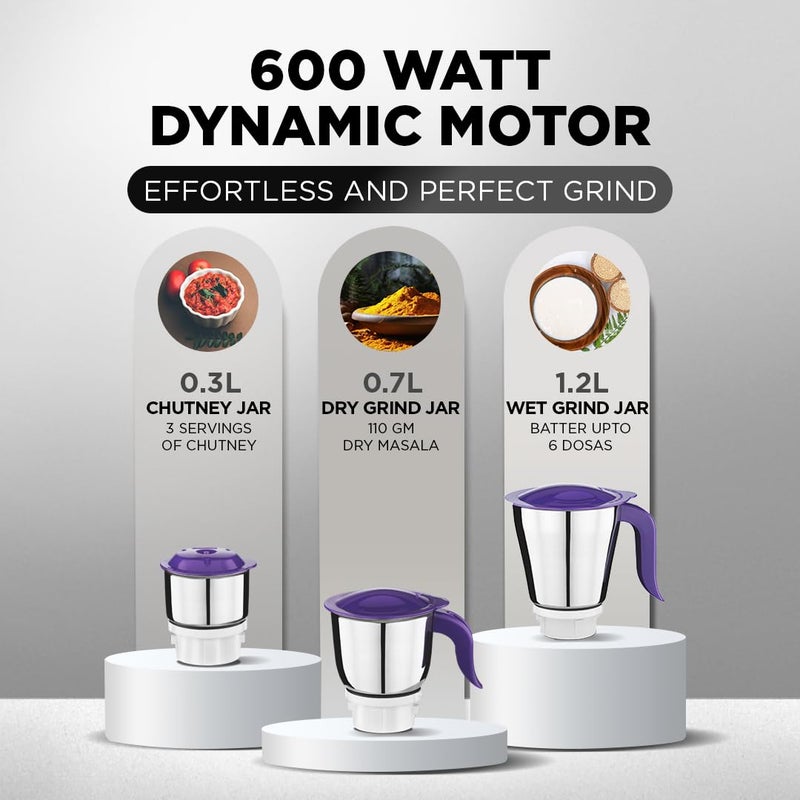 بريثي Preethi Crown Pro Mixer Grinder for Kitchen |600 Watt Mixie, 3 Jars| 5yr Motor Warranty & Lifelong Free Service | White/Purple, (MG-254) 1.2 L 600 W MG-254 White/Purple (3 jar) - Image 2