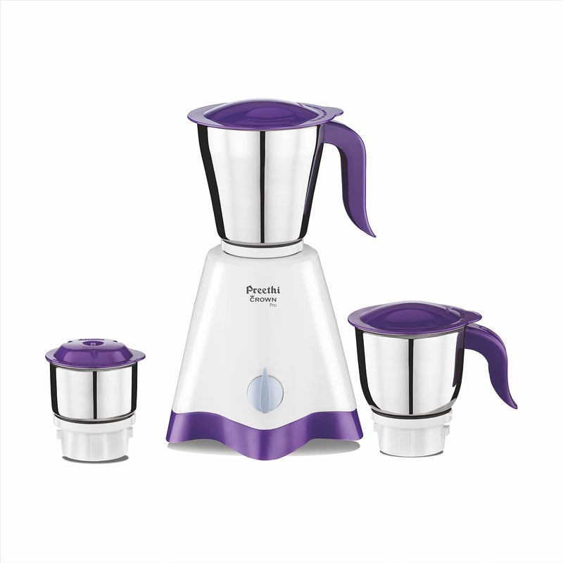 بريثي Preethi Crown Pro Mixer Grinder for Kitchen |600 Watt Mixie, 3 Jars| 5yr Motor Warranty & Lifelong Free Service | White/Purple, (MG-254) 1.2 L 600 W MG-254 White/Purple (3 jar) - Image 1