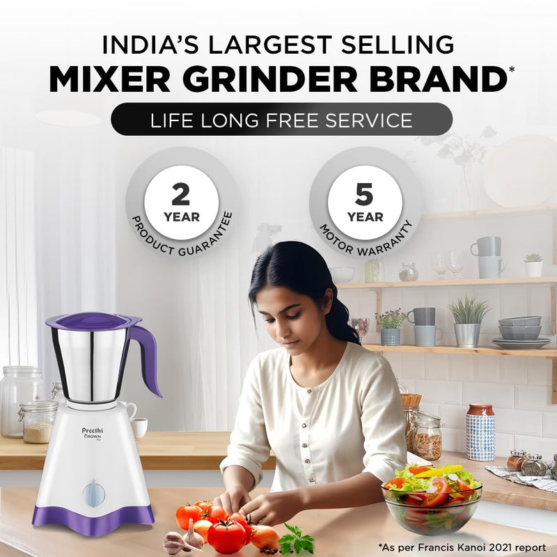 بريثي Preethi Crown Pro Mixer Grinder for Kitchen |600 Watt Mixie, 3 Jars| 5yr Motor Warranty & Lifelong Free Service | White/Purple, (MG-254) 1.2 L 600 W MG-254 White/Purple (3 jar) - Image 5