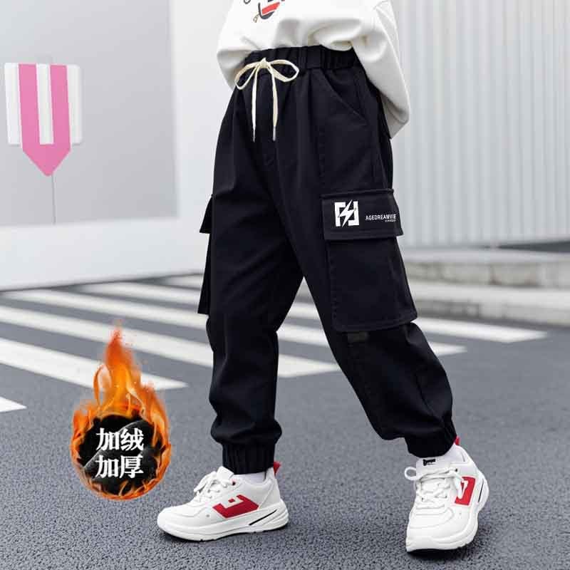 Children's street overalls boys casual pants 2024 autumn and winter middle and large children's sports warm and comfortable velvet pants - Image 1