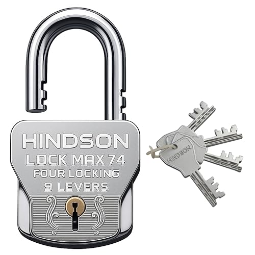 HINDSON 4 Locking Heavy Duty Padlock | Lock MAX 74 | 9 Lever Steel Lock & Key | Chrome Finish Big Size 610g Approx Padlock with 4 Keys for Home, Gate & Shutter Security - Image 1