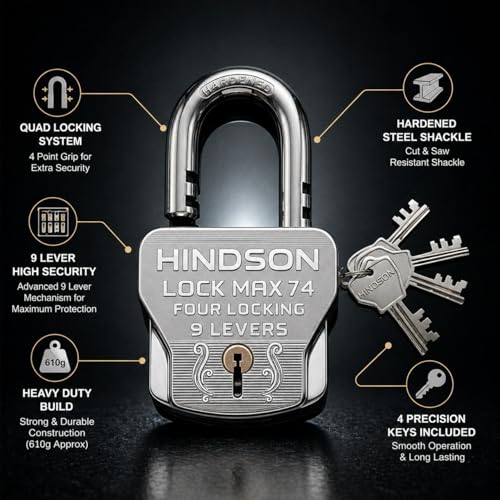 HINDSON 4 Locking Heavy Duty Padlock | Lock MAX 74 | 9 Lever Steel Lock & Key | Chrome Finish Big Size 610g Approx Padlock with 4 Keys for Home, Gate & Shutter Security - Image 2