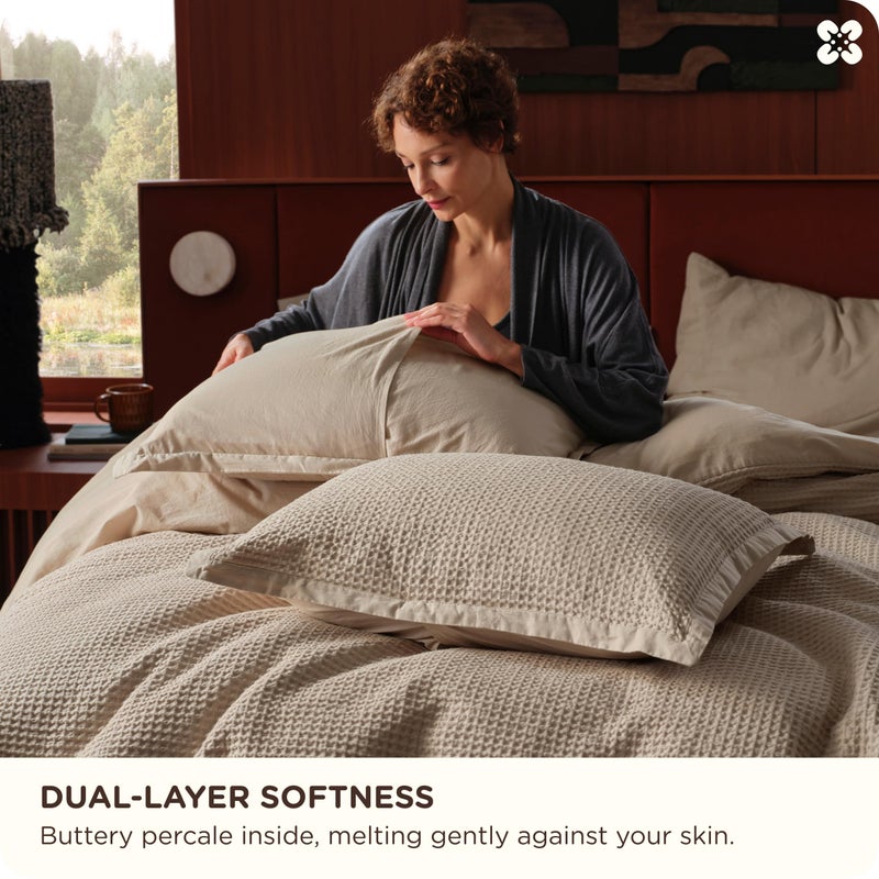 Bedsure Cotton Duvet Cover Queen - 100% Cotton Waffle Weave Khaki Duvet Cover Queen Size, GentleSoftâ„¢ and Breathable Tan Bedding Set for All Season, 3 Pieces, 90"x90" - Image 4