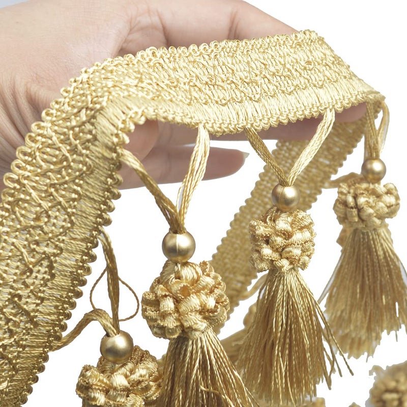 Kuasting Fringe Tassel Lace Trim 12.5 Yards Braided Hanging Beads Handwork DIY Craft Sewing Accessory Lace for Home Curtain Table Decoration (Golden) - Image 2