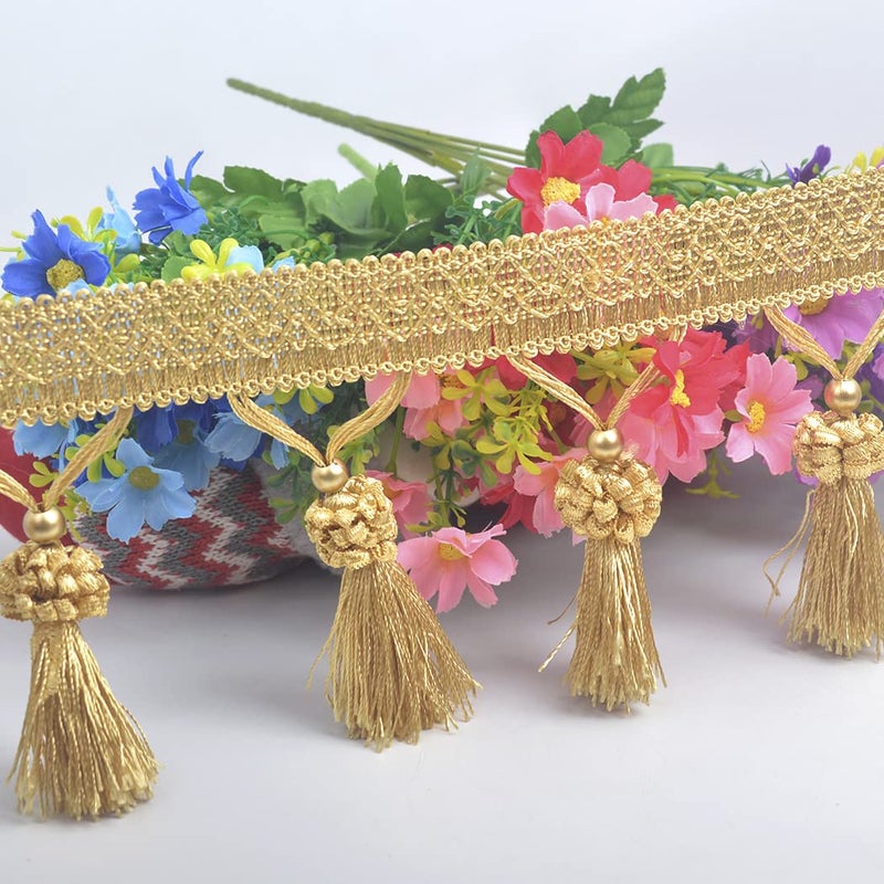 Kuasting Fringe Tassel Lace Trim 12.5 Yards Braided Hanging Beads Handwork DIY Craft Sewing Accessory Lace for Home Curtain Table Decoration (Golden) - Image 4