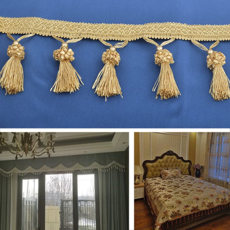Kuasting Fringe Tassel Lace Trim 12.5 Yards Braided Hanging Beads Handwork DIY Craft Sewing Accessory Lace for Home Curtain Table Decoration (Golden) - Image 5