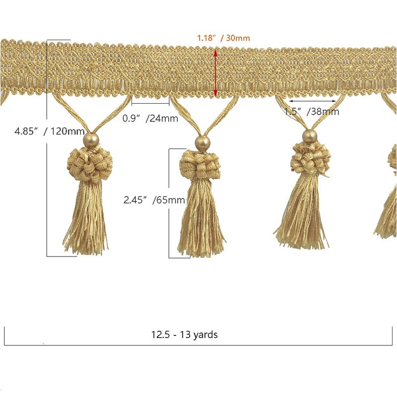 Kuasting Fringe Tassel Lace Trim 12.5 Yards Braided Hanging Beads Handwork DIY Craft Sewing Accessory Lace for Home Curtain Table Decoration (Golden) - Image 3