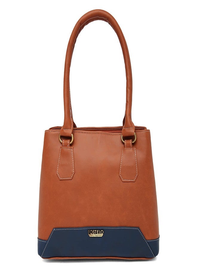 Fostelo Women's Zita Satchel Tote Handbag for Women | Ladies Purse | Stylish Shoulder Bag | Gift For Women | Tan|Blue - Image 1