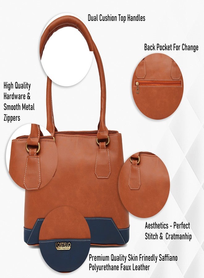 Fostelo Women's Zita Satchel Tote Handbag for Women | Ladies Purse | Stylish Shoulder Bag | Gift For Women | Tan|Blue - Image 5