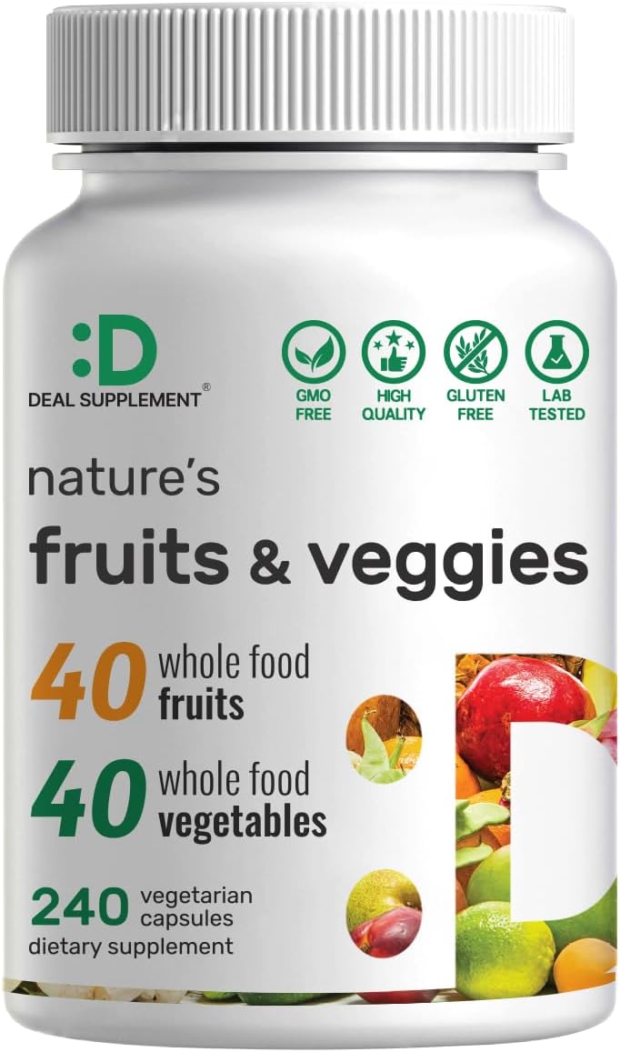 DEAL SUPPLEMENT Natures Fruits  Veggies Supplement 240 Veggie Capsules  80 Whole Food Superfoods for Daily Balance  40 Fruits with 40 Vegetables and Greens  NonGMO Gluten Free - Image 1
