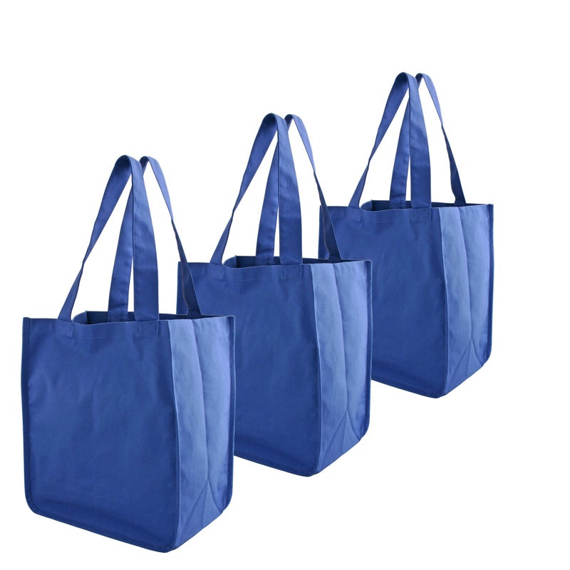 Simple Ecology Organic Cotton Deluxe Reusable Grocery Shopping Bag with Bottle Sleeves and Rigid Bottom Support UPDATED DESIGN Blue 3 Pack