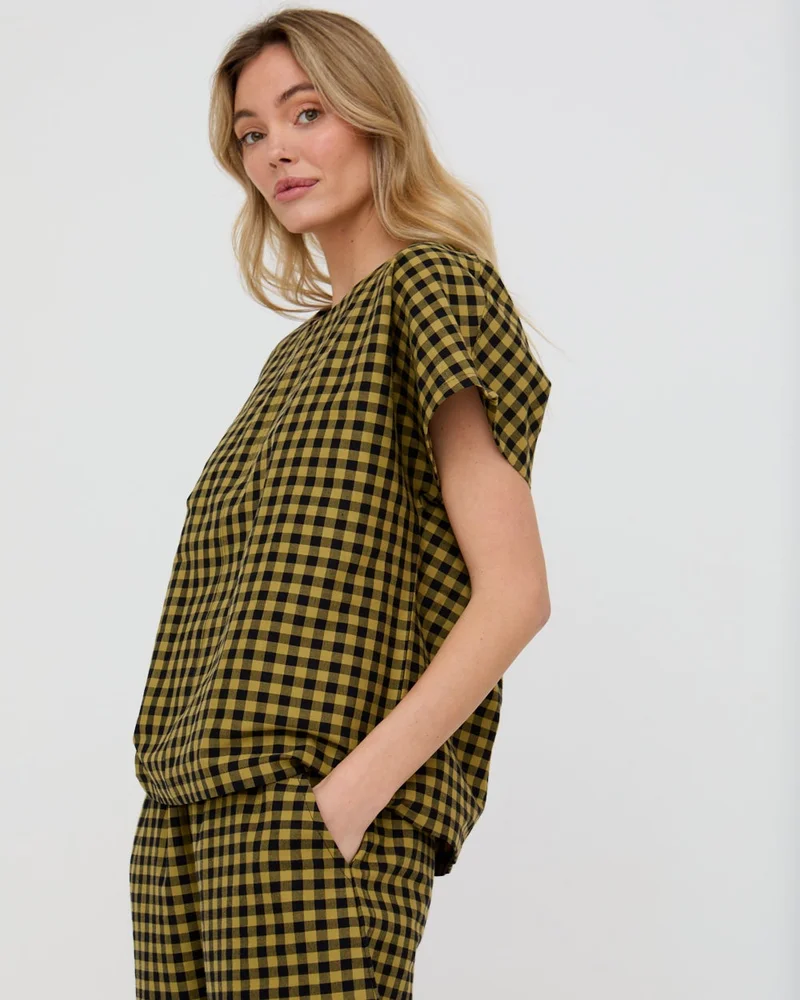 Turtledove London Wyn Mustard Check Print Top