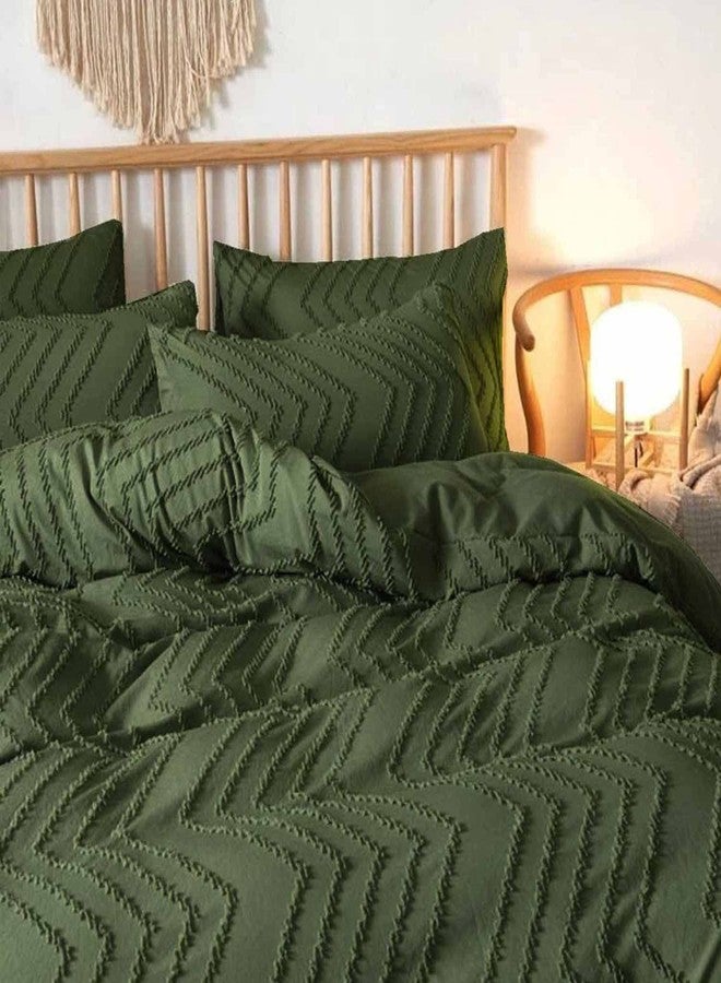 Nanko Olive Green Duvet Cover Queen Size, 3pc Boho Tufted Microfiber Bedding Comforter Cover Set, All Season Aesthetic Shabby Chic Soft Embroidery Textured Geometric Quilt Cover (90x90) - Image 2
