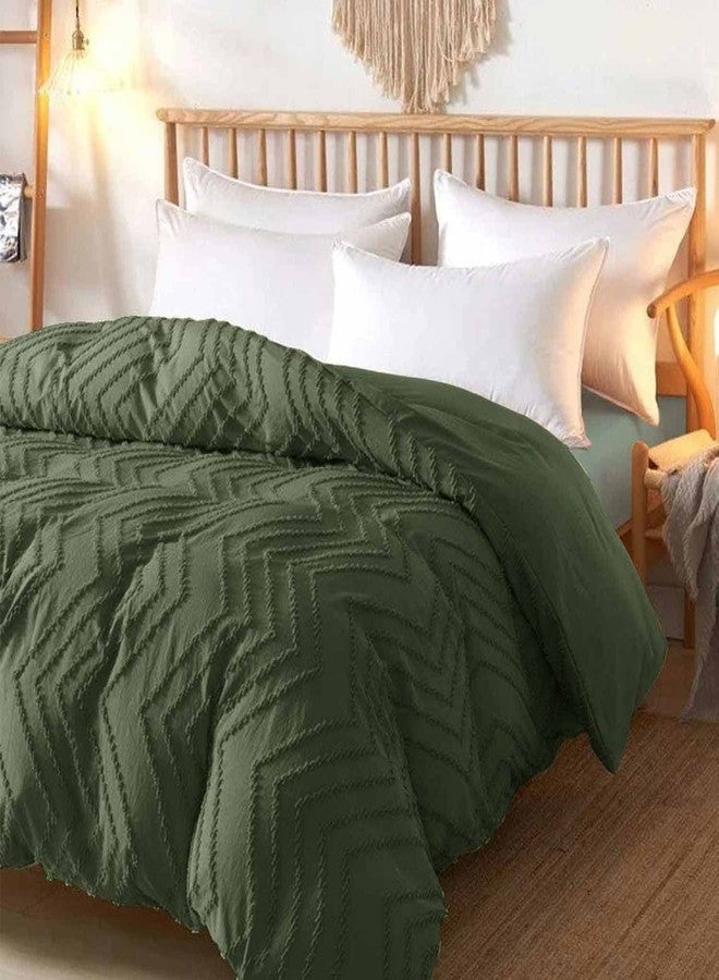 Nanko Olive Green Duvet Cover Queen Size, 3pc Boho Tufted Microfiber Bedding Comforter Cover Set, All Season Aesthetic Shabby Chic Soft Embroidery Textured Geometric Quilt Cover (90x90) - Image 3