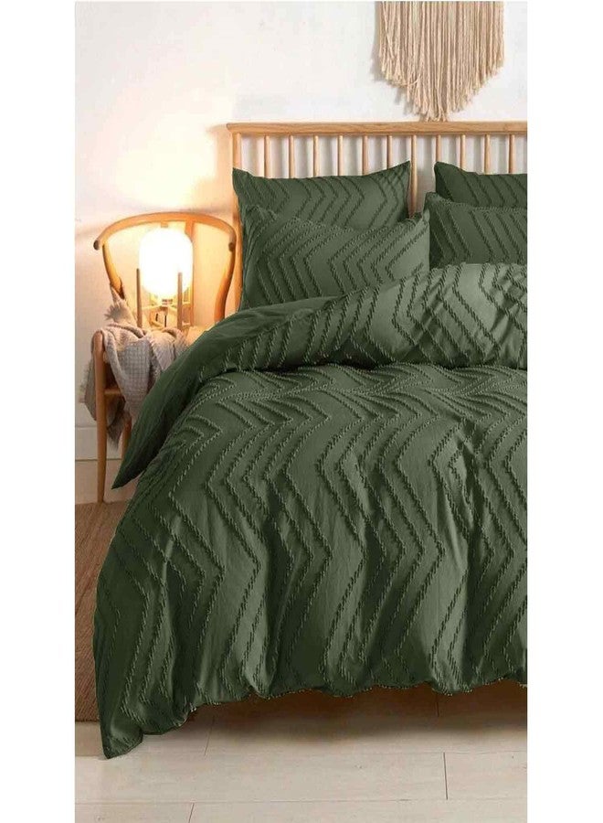 Nanko Olive Green Duvet Cover Queen Size, 3pc Boho Tufted Microfiber Bedding Comforter Cover Set, All Season Aesthetic Shabby Chic Soft Embroidery Textured Geometric Quilt Cover (90x90) - Image 1