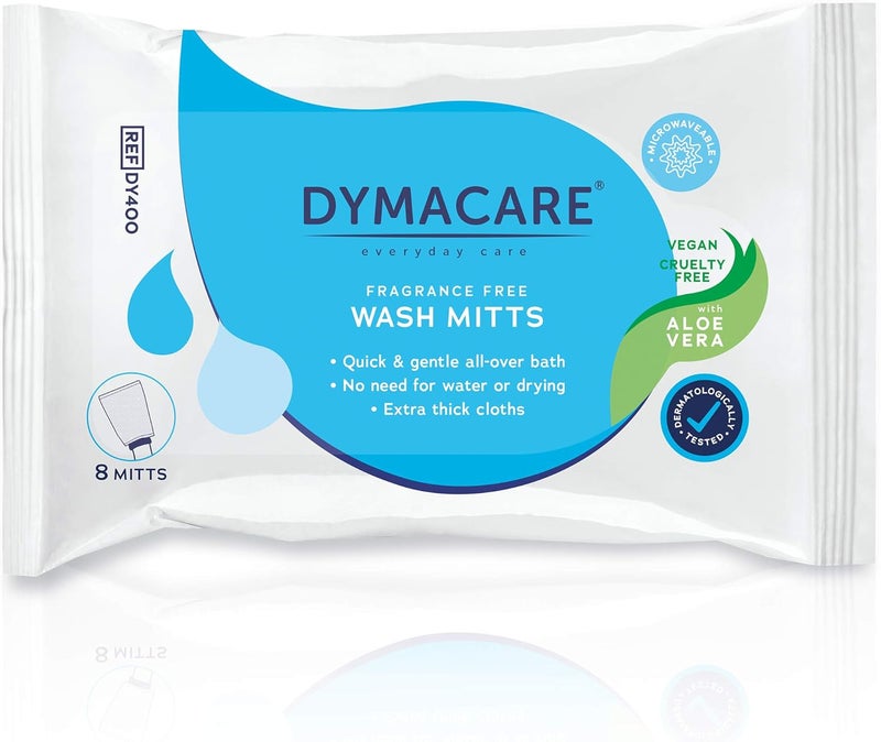 DYMACARE FragranceFree Wash Mitts Rinse Free Microwaveable Adult Bed Bath Wet Wash Gloves with Aloe Vera Latex Lanolin and Alcohol Free 1 Pack 8 Mitts in Total - Image 1
