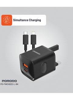 porodo Dual Port Wall Charger UK with USB-C to Lightning Cable / Simultaneous Charging / Reliable Companion / Over-Heat Protection - Black  - Image 4