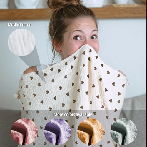 MUGVELL Muslin Nursing Covers for Breastfeeding, Arch Neckline Breast Feeding Covers for Women, Moms Privacy Breathable Summer Nursing Apron, 43.3" x 25.6" Soft Feeding Cover (Beige Sweet Khaki Heart) - Image 5