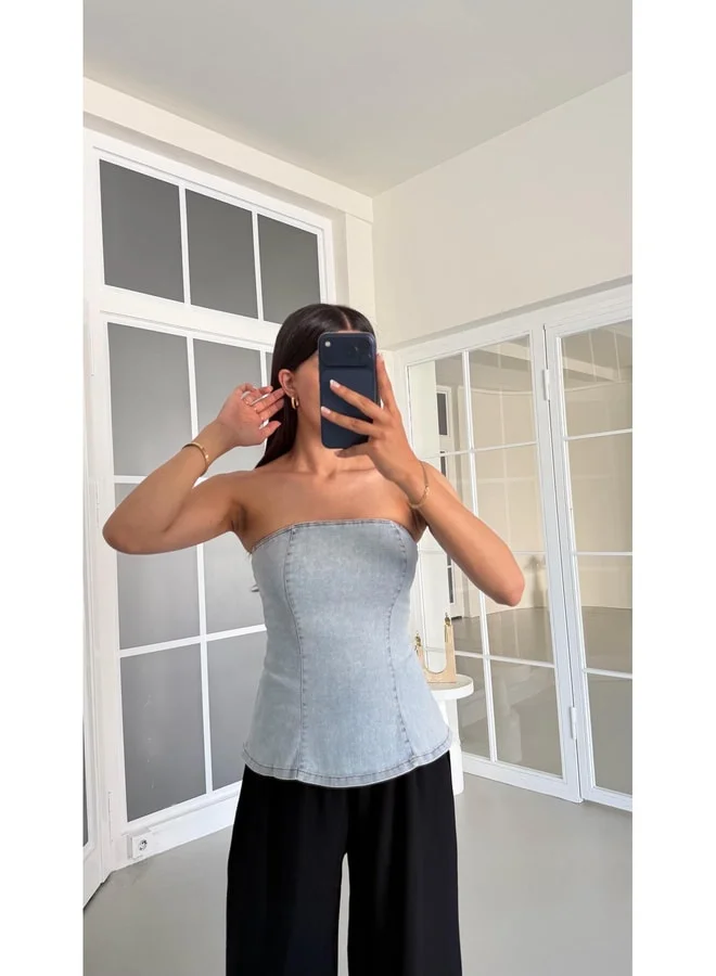 GAUS Light Blue Starplez Denim Corset Blouse GAUS-01623.