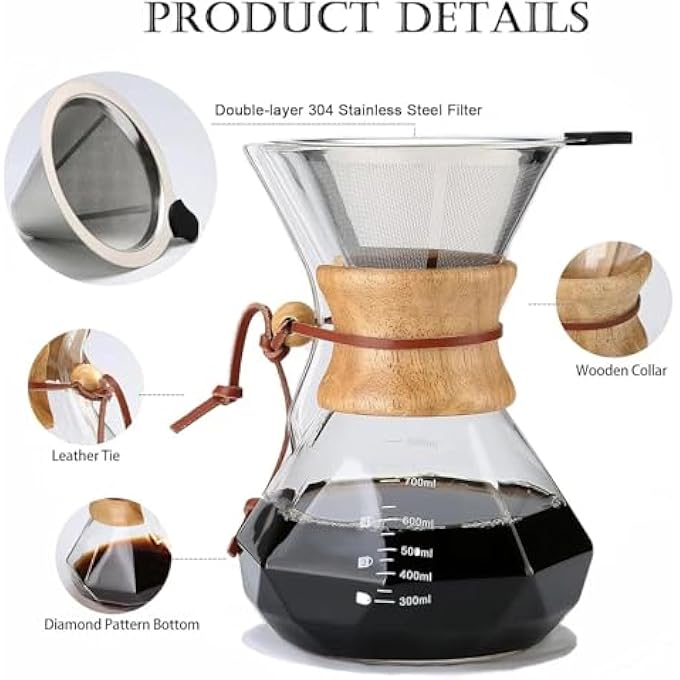 BIGTHREE Drip Coffee Maker Pot Wooden Handle Coffee Maker Borosilicate Glass Coffee Carafe With Wooden Collar LongLasting Availability Hold 46 Cups 800 Ml Clear - Image 3