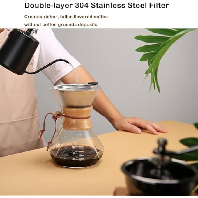 BIGTHREE Drip Coffee Maker Pot Wooden Handle Coffee Maker Borosilicate Glass Coffee Carafe With Wooden Collar LongLasting Availability Hold 46 Cups 800 Ml Clear - Image 4