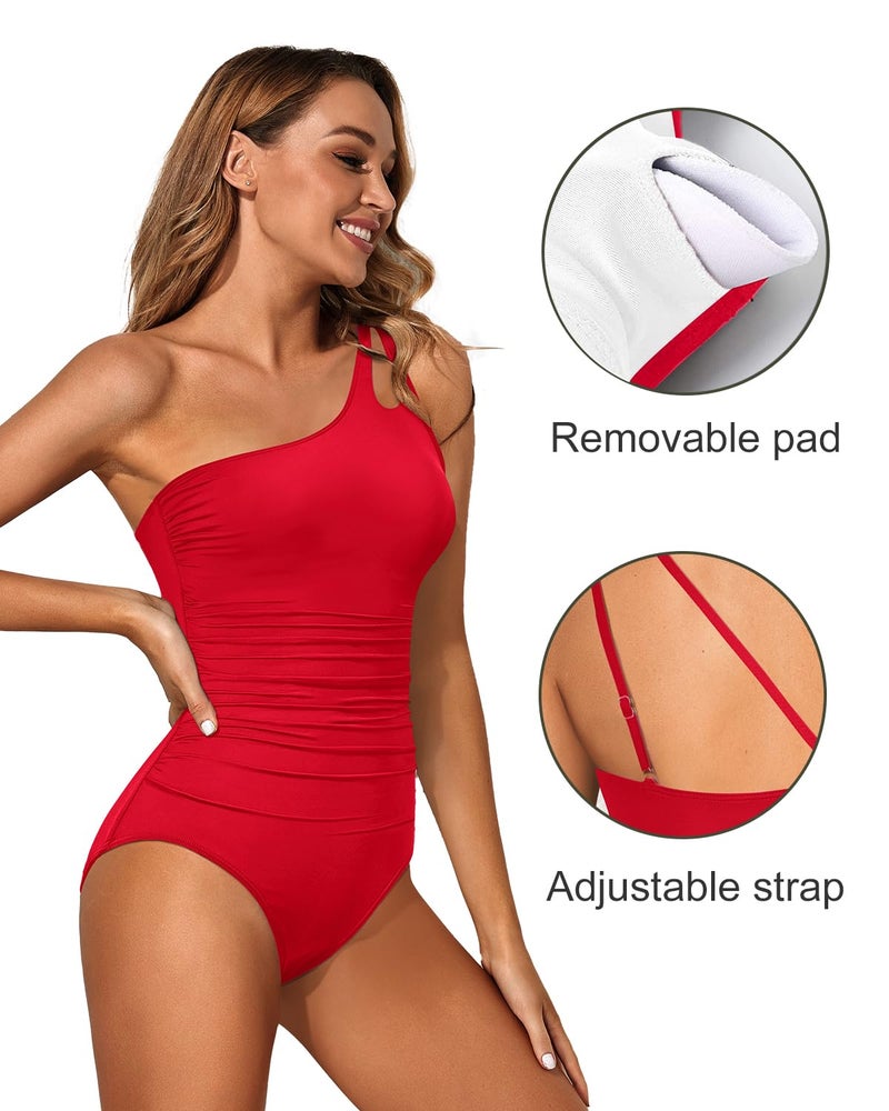 Holipick One Shoulder One Piece Swimsuit for Women Tummy Control Bathing Suits Modest Full Coverage Keyhole Swimwear Red - Image 4