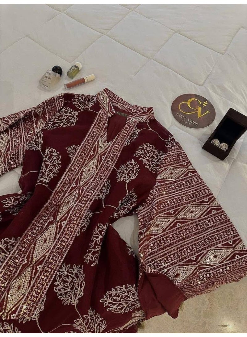 عباية حريمي مطرزة ستايل مغربي خامة كتان إسباني مستورد  تصميم واسع أنيق للمحجبات  كود 6370 مقاس 2: عرض 70 سم – مناسب حتى 120 كجم باللون النبيتي - Image 4
