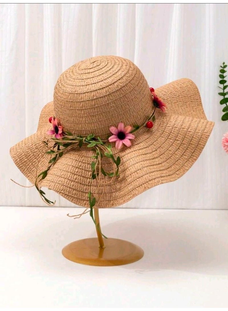 SHEIN 1pc Women's Khaki Wavy Striped Bow Summer Beach Sun Hat, Elegant Sun Protection For Beach Travel And Vacation - Image 1