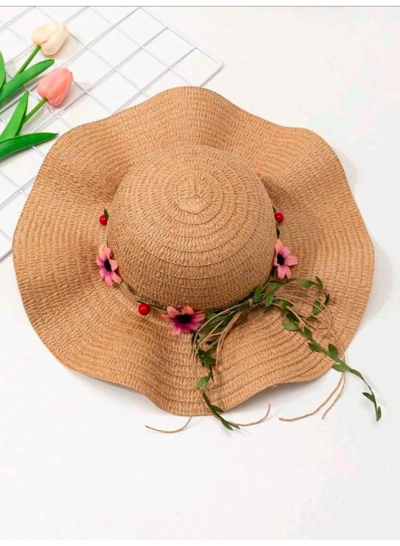 SHEIN 1pc Women's Khaki Wavy Striped Bow Summer Beach Sun Hat, Elegant Sun Protection For Beach Travel And Vacation - Image 2