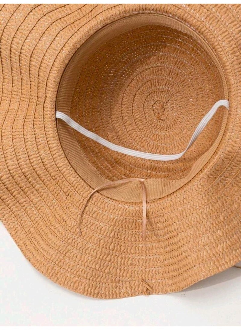 SHEIN 1pc Women's Khaki Wavy Striped Bow Summer Beach Sun Hat, Elegant Sun Protection For Beach Travel And Vacation - Image 3