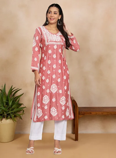 Alaya Hand Embroidered Chikankari Chanderi Angarkha Kurta With Mukaish Work-AL3672