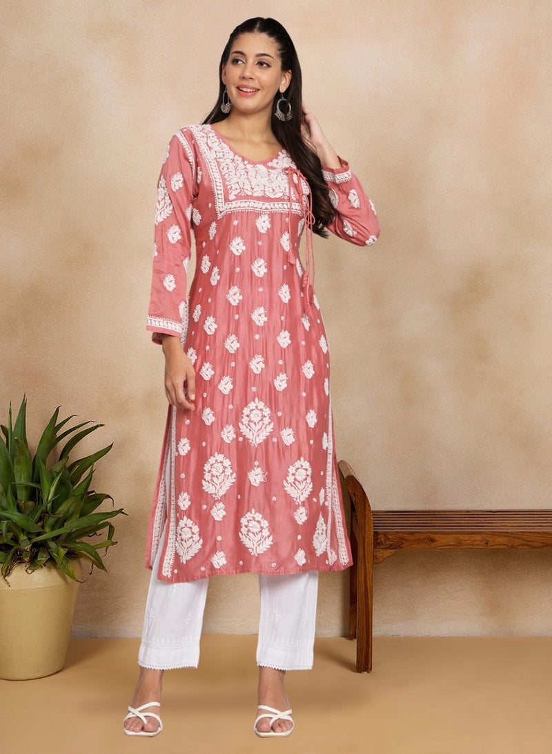 Alaya Hand Embroidered Chikankari Chanderi Angarkha Kurta With Mukaish Work-AL3672  - Image 1