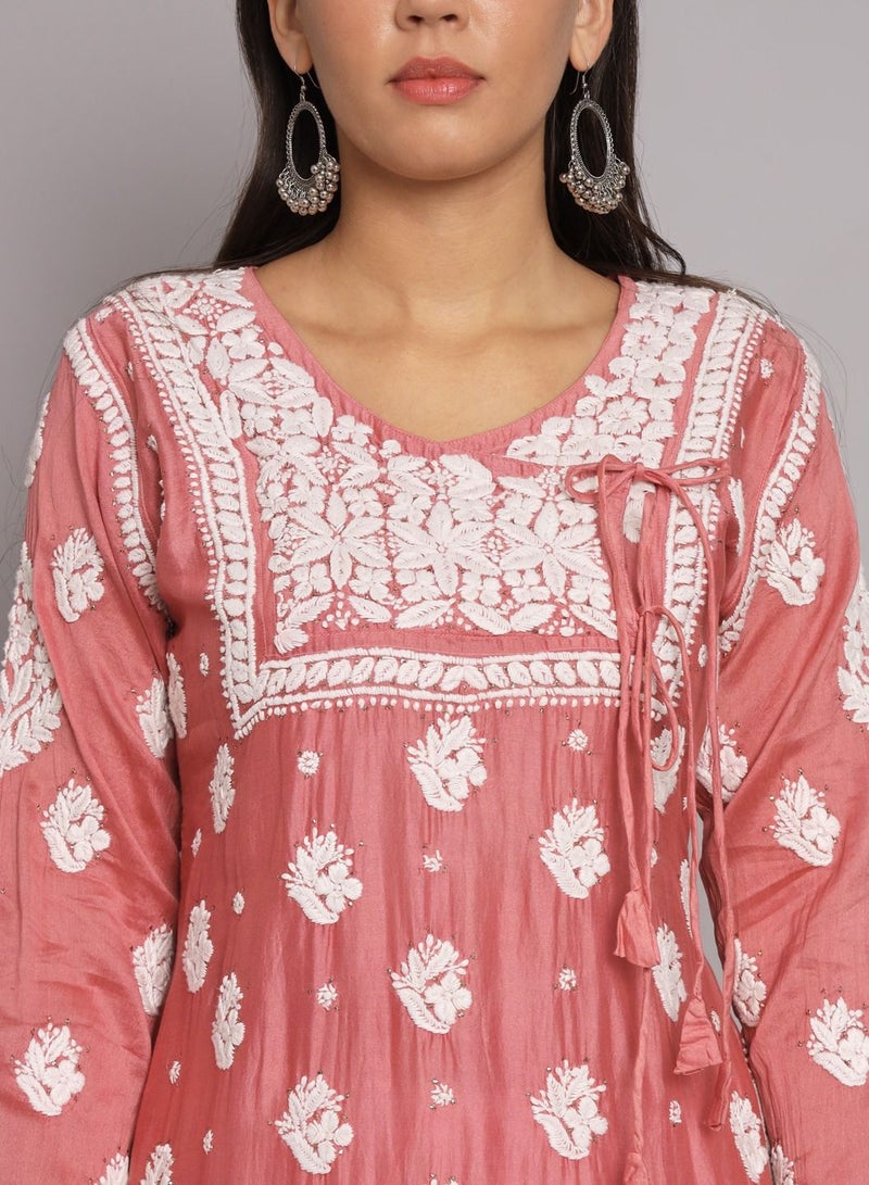 Alaya Hand Embroidered Chikankari Chanderi Angarkha Kurta With Mukaish Work-AL3672  - Image 5