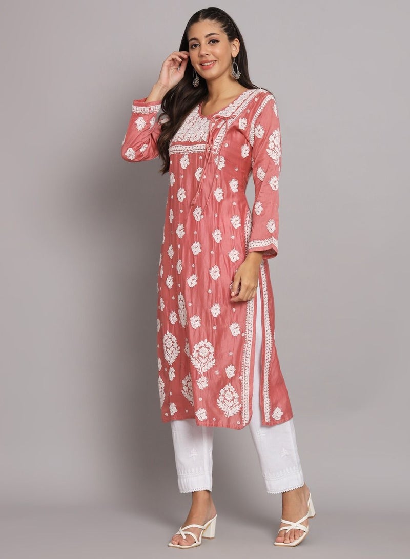 Alaya Hand Embroidered Chikankari Chanderi Angarkha Kurta With Mukaish Work-AL3672  - Image 4