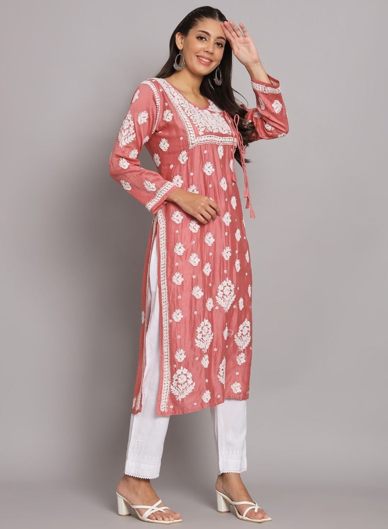 Alaya Hand Embroidered Chikankari Chanderi Angarkha Kurta With Mukaish Work-AL3672  - Image 3