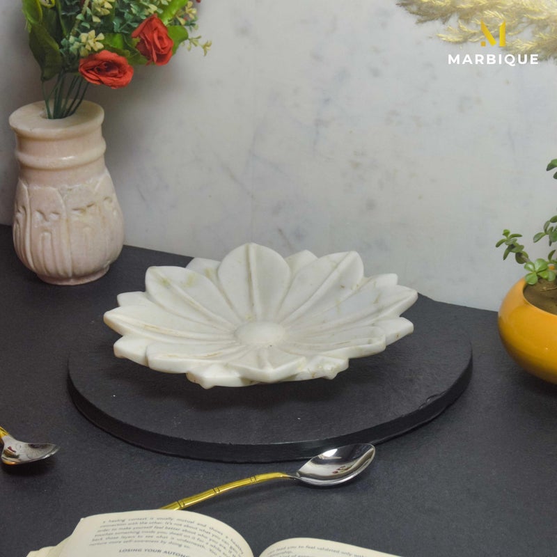 MARBIQUE 9 inch Marble Lotus Plate for Home Decor (Polished) Marble Decorative Platter (White) Premium Handicrafted Marble - Image 5