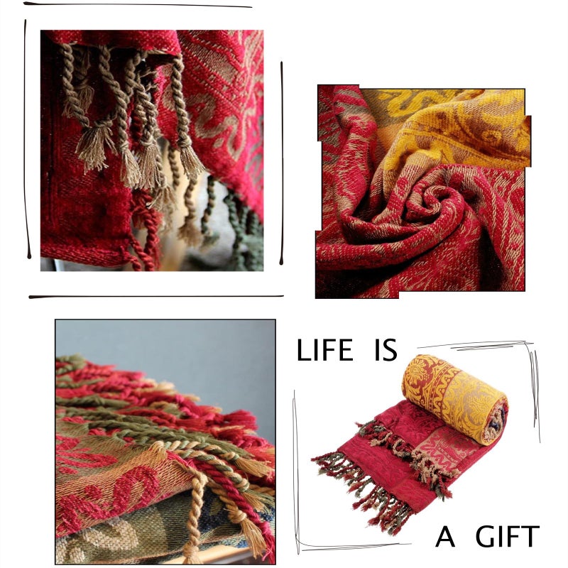 Edcooy Boho Throw Blanket, Chenille Jacquard Tassels Throw Blankets for Bed Couch Soft Chairï¼Œ Bohemian Fringe Tassels (Red, S:60x75 - Image 5