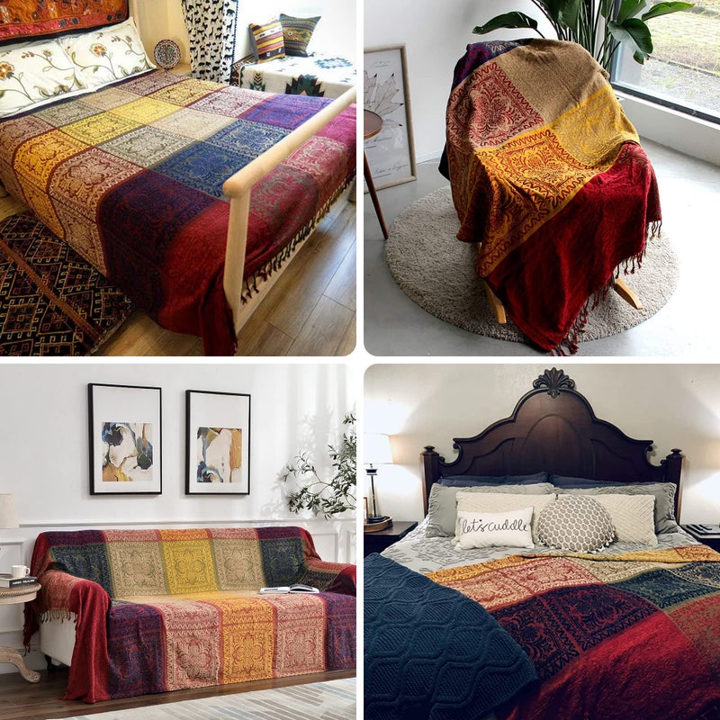 Edcooy Boho Throw Blanket, Chenille Jacquard Tassels Throw Blankets for Bed Couch Soft Chairï¼Œ Bohemian Fringe Tassels (Red, S:60x75 - Image 3